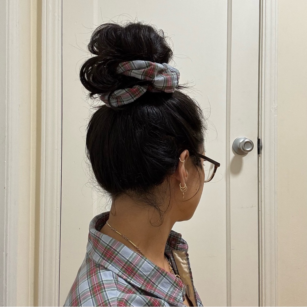 Blue Red Cropped Plaid Button Up with Matching Oversized Scrunchie